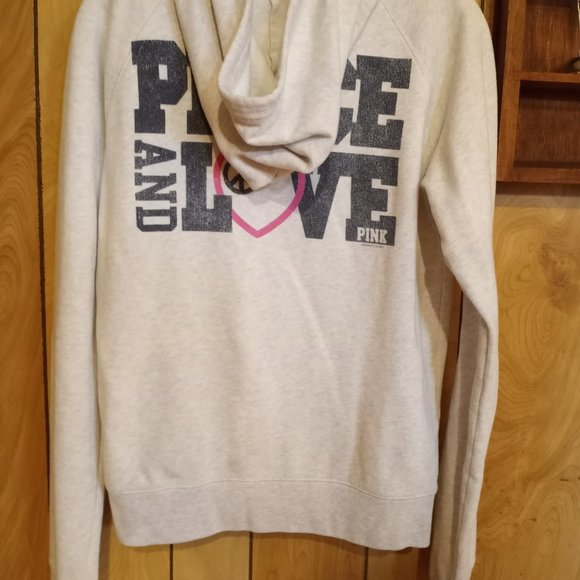 Victoria's Secret PINK Full Zip Hoodie Jacket Large Grey "Peace and Love"-#115 - Picture 2 of 4